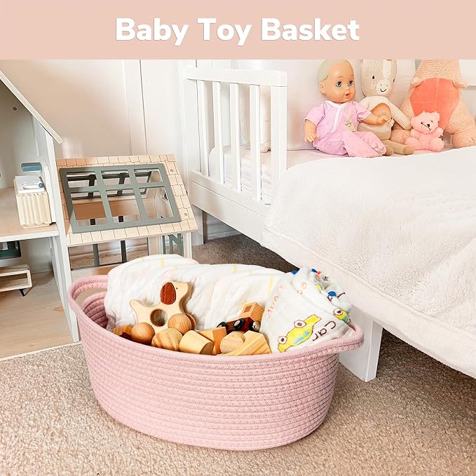 Goodpick Small Woven Rope Gift Basket Empty, 12"x 8"x 5", Pink | Baby Basket for Baby Showers Toys, Fits Living Room Nursery Bedroom Organization, with Durable Handles