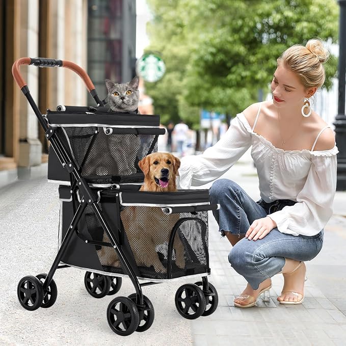 Double Pet Stroller for 2 Dogs & Cats, Double-Decker, Black | One-Hand Fold Two-Tier Stroller with Separate Cabins, 44 lb Capacity, 4 Tethers, Locking Front Wheels and Rear Brakes