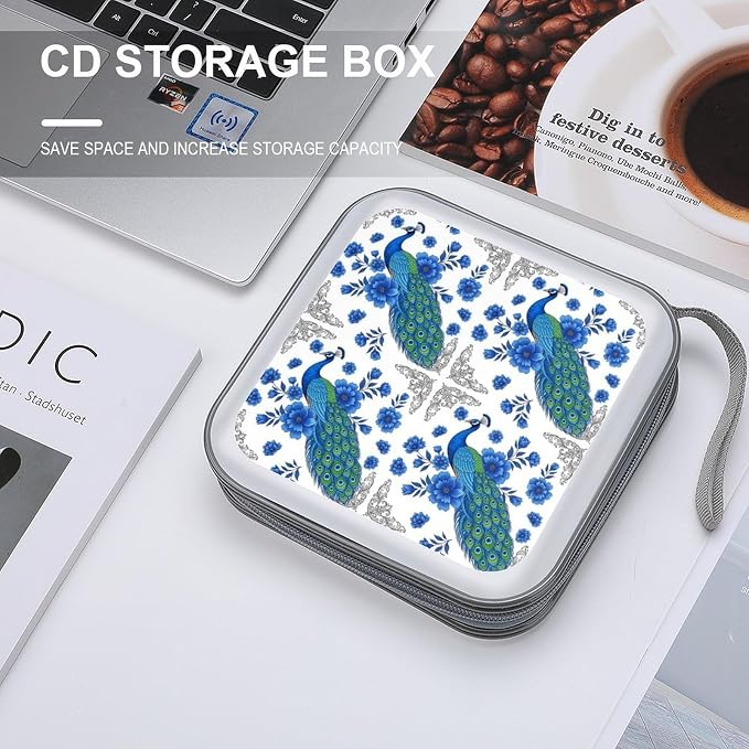 DVD Storage Binder for 40 Discs Peacock And Vintage Botanical, Hard Shell Protective Wallet with Handle, Portable CD Organizer for Car Travel