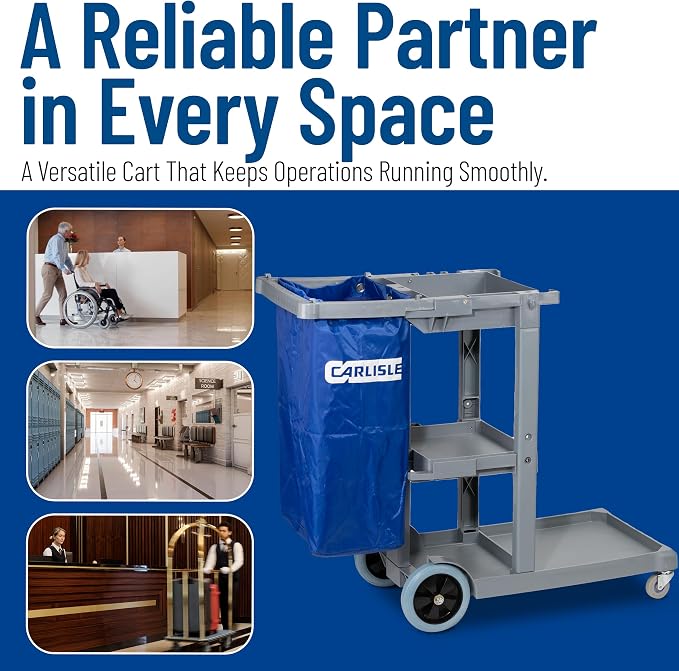 Carlisle FoodService Products Janitorial Cart with 25 Gal Bag, Gray | Short Platform, 3 Shelves, Polyethylene, Broom Holders and Hooks, Non-Marking Wheels, Mop Bucket Platform