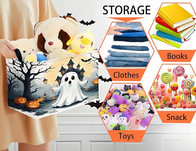 Large Halloween Themed Candy Gift Boo Basket for Kids Baby Personalized Adults Storage Bin Fall Decor(Terror Spooky Pumpkin)