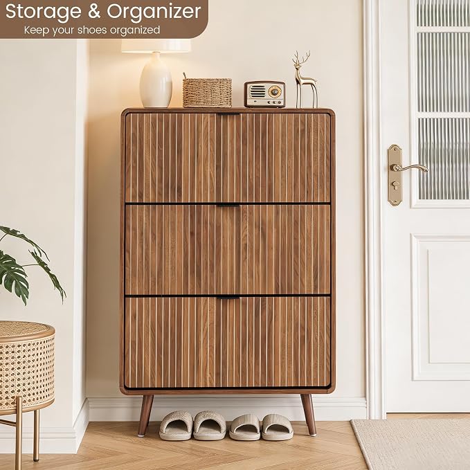 FurSch Fluted Shoe Storage Cabinet with 3 Flip Drawers, Narrow Shoe Rack Cabinet Organizer with Adjustable & Removable Shelves for Entryway (All Walnut, 3 Drawers)