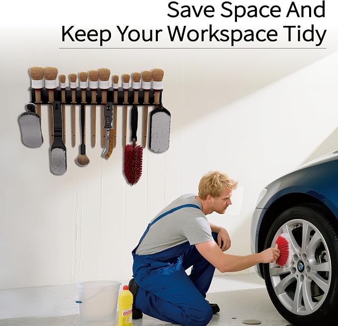 Wall Mount Brush Holder & Tool Hanger Rack for Garage, Detailing Organizer with Mounting Hardware - Holds 12 Brushes + Hooks for Towels & Tools