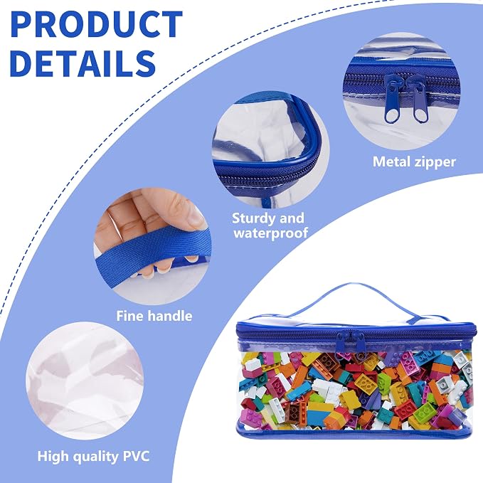 3 Packs Clear Toy Storage Bags, Waterproof Toy Storage Organizer Pouch | 9"x 7"x 4" Transparent PVC Toy Organizing Bags with Zipper for Building Blocks Small Toys (Blue)