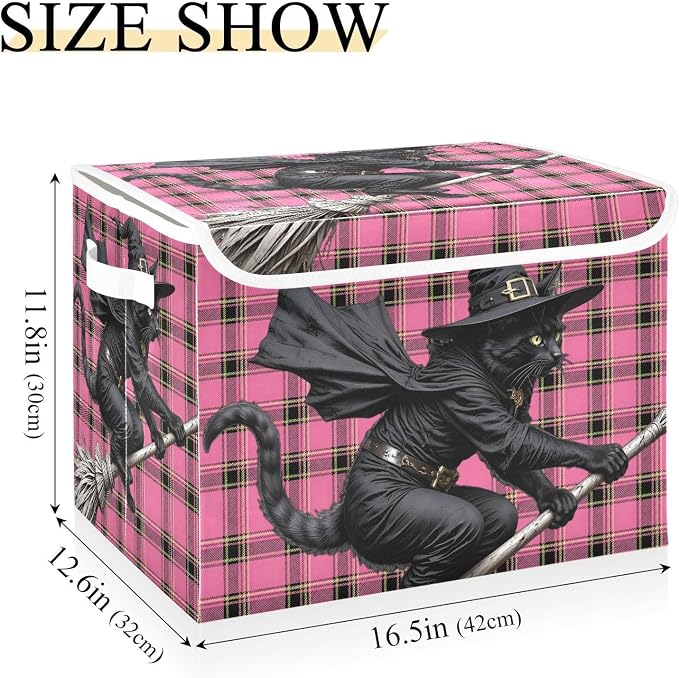 Fabric Storage Bins with Lid Black Cat Closet Storage Basket 40L | Decorative Storage Boxes, Foldable & Stackable, Dust-Proof Flip Top, Reinforced Handles, For Home & Dorm, Clothes & Toy Box