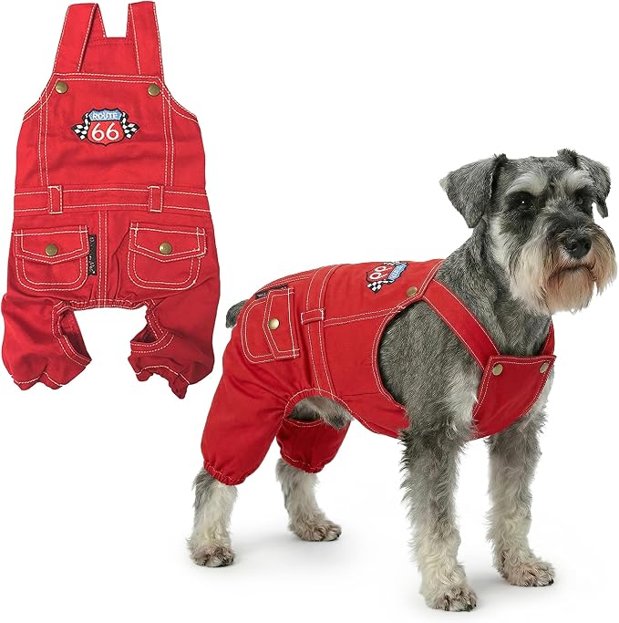 Parisian Pet Red Dog Overalls - Route 66 Denim Dog Clothes - Breathable Sling Puppy Jumpsuit - Durable and Trendy Overalls for Dogs - Comfortable Jeans Dog Clothes for Large Dogs - Classy Pet Apparel