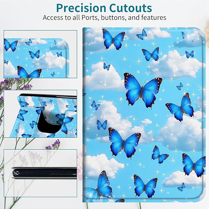 Case for Samsung Galaxy Tab A 8.0" 2019 SM-T290/T295, 360 Degree Rotating Stand with Multi-Angle Vertical & Horizontal Viewing Shockproof Shell for Women Men, Blue Butterfly White Cloud