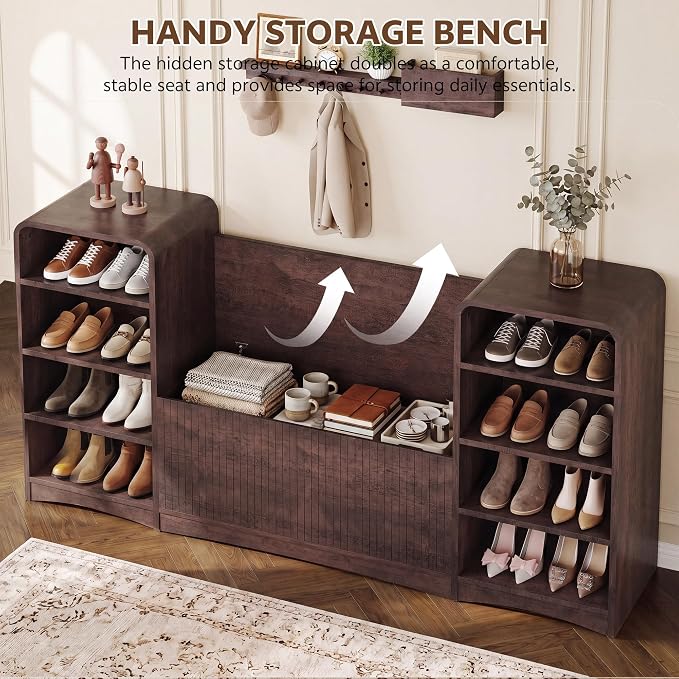 U-Shaped Shoe Cabinet Bench with Flip-Open Box & Shelf, Walnut | 63" W Lift-Top Storage Wooden Bench for Entryway, Living Room, Hallway