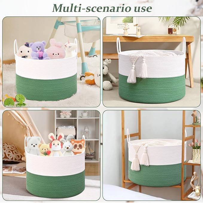 67L Large Woven Blanket Basket, Cotton Rope Baby Laundry Hamper with Handles, Kids Toy Basket for Classroom & Nursery, Soft Round Stuffed Animal Storage, Dog Toy Bin - 20"x13", Green