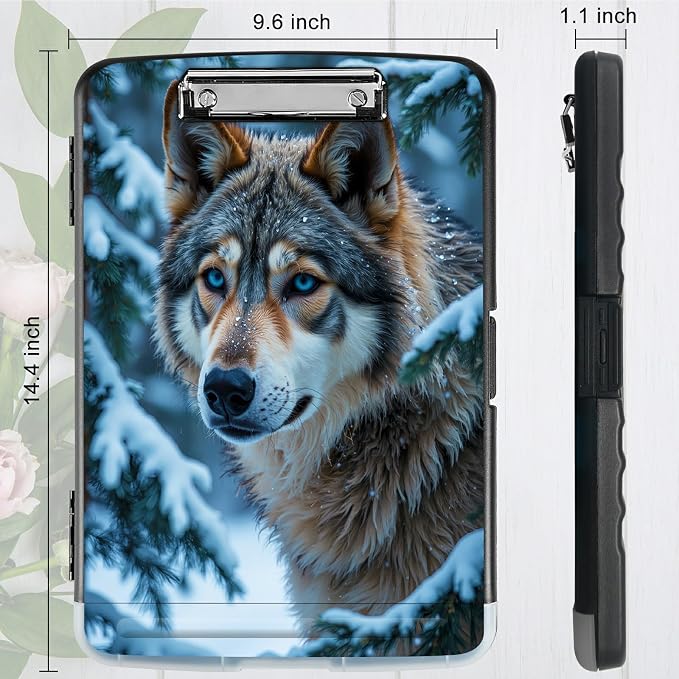 A4 Clipboard with Storage Pen Holder, Clipboards Organizer Nursing Clipboard Foldable File Folder Plastic Clipboard Folio Clip Board for Office Work Classroom Doctor, Snow Forest Wolf