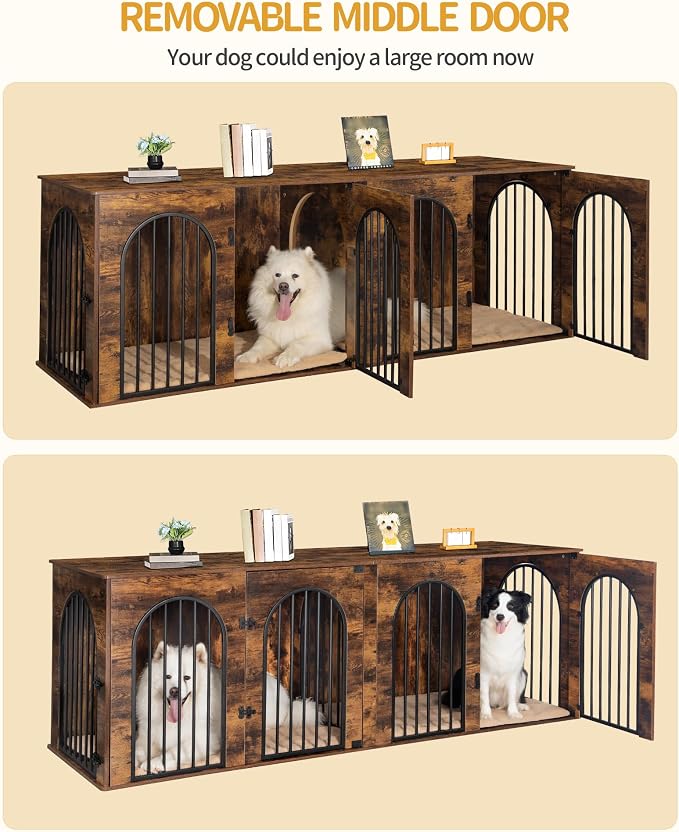 Hzuaneri 86.6" Double Dog Crate Furniture, Dog Kennel Indoor with Cushion | Heavy Duty Dog Crate Furniture for 2 Dogs,Dog Cage End Table TV Stand with Divider for Med-Large Dog,Rustic Brown DFC84001BV1