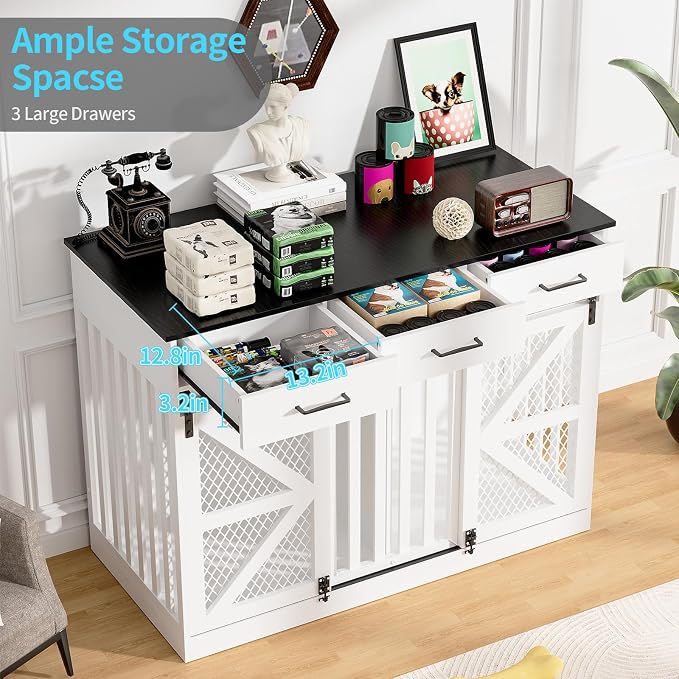 Spacesea Large Dog Crate Furniture with Sliding Barn Door, 48" Wooden Dog Kennel Indoor End Side Table for Home Decor, Removable Divider, 3 Drawers, Furniture Style Dog Crate TV Stand