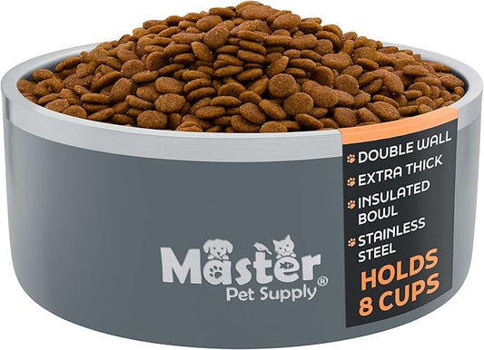 Master Pet Supply Stainless Steel Dog Bowls - 64 oz, Heavy Duty - Graphite, Double Wall Extra-Thick Insulated, Non-Slip Pet Water Bowl for Dogs, Cats & Pets, Anti Rust Metal, Dish Washer Safe