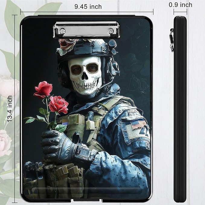 Heavy Duty Storage Clipboard, Slim Nursing Clipboard with Internal Pen Case, Portable File Organizer Case for A4 Letter Size Paper Office Medical Professionals, Skull Man Flower