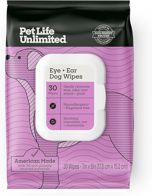 Pet Life Unlimited Dog Ear Wipes, Dog Eye Wipes - Plant-Based Dog Ear Cleaner Wipes with Moisturizing Aloe Leaf & Soothing Chamomile - Fragrance Free Eye and Ear Wipes for Dogs - 30 Count (Pack of 1)