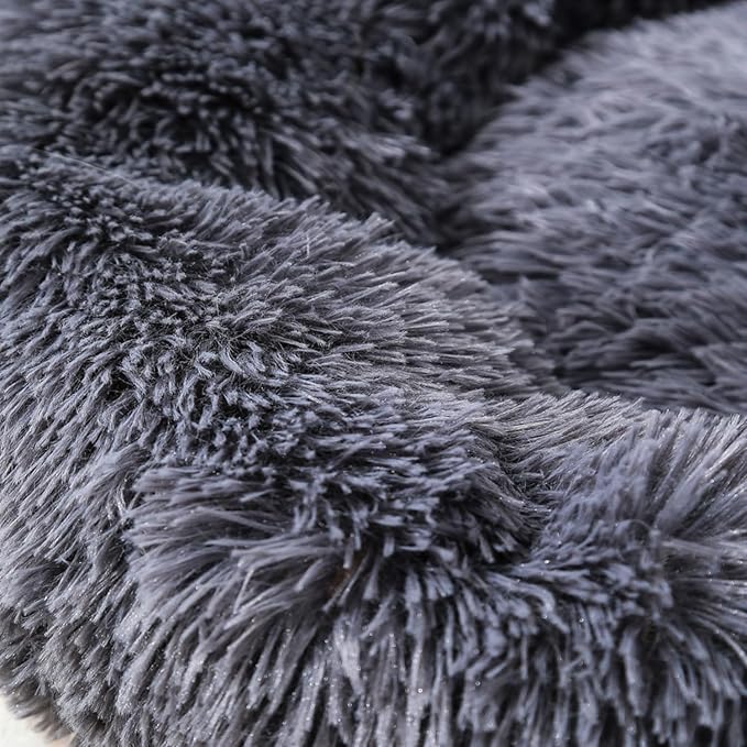 31 inches Calming Dog Bed for Large Dogs,Round Donut Plush Pet Cushion, Machine Washable Anti-Slip Bottom, Dark Gray Fluffy Warm Couch for Dogs Cats Up to 30KG