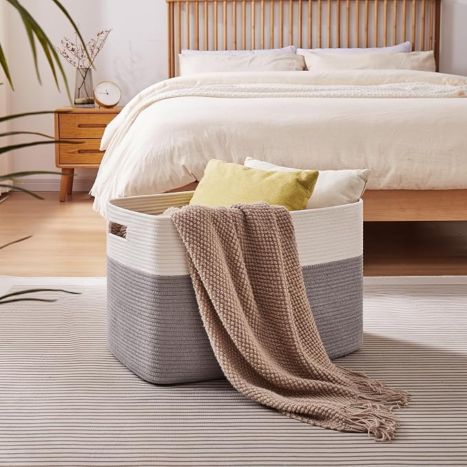 OIAHOMY 108L Extra Large Blanket Basket Dog Toy Basket Grey/White | Rectangle Woven Baskets for Storage Cotton Rope Basket For Living Room Toy Storage Blanket Storage Laundry Basket