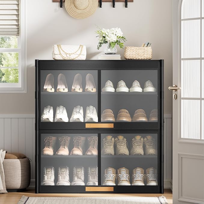 5 Tier Shoe Cabinet with Doors, 20-Pair Storage, Black | Ideal for Small Families, Transparent Doors Locate Shoes Fast, Removable Layers for Tall Boots, Easy clean