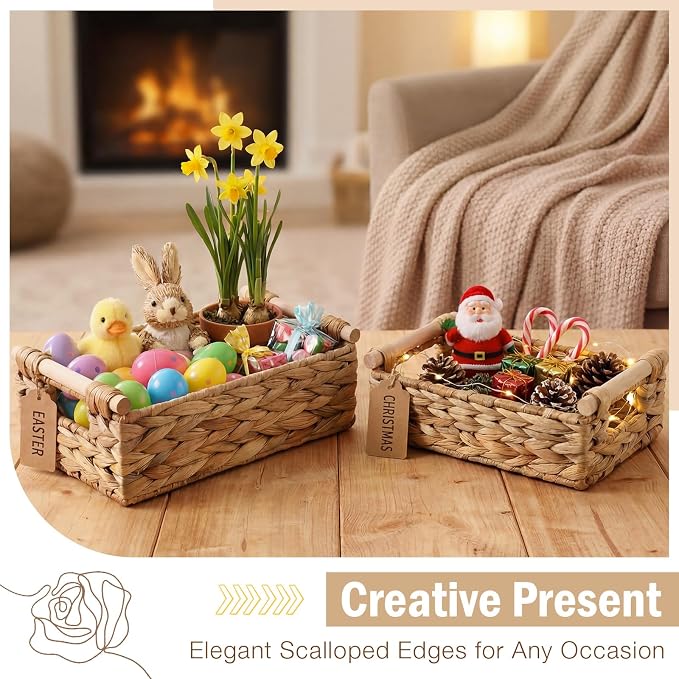 2 Pack Toilet Paper Storage Basket, Wicker Baskets for Bathroom, Water Hyacinth Baskets with Wooden Handles for over Toilet Storage Shelf, End Table, Shelves and More(Medium&small)