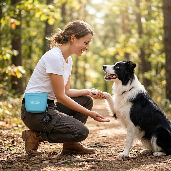 Silicone Dog Treat Pouch with Poop Bag Holder,Waterproof Magnetic Close Sealable Fanny Pack with Adjustable Waist Belt, Pet Puppy Training Essentials, One-Handed Opening with Press & Magnetic (Blue)