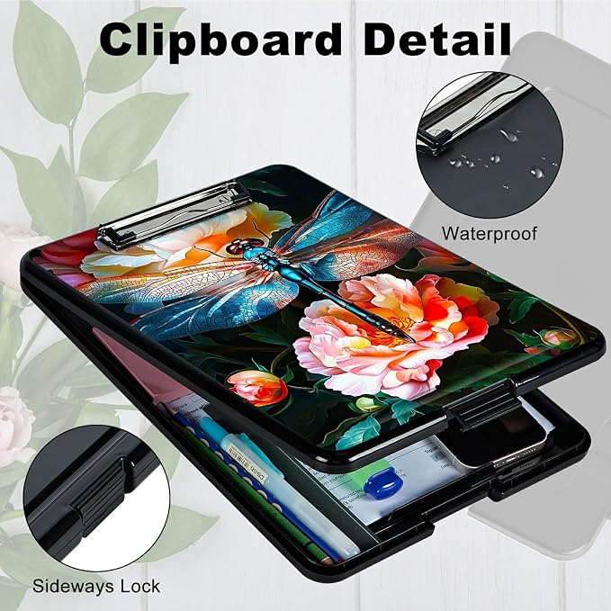 Peony Dragonfly A4 Clipboard with Storage Pen Holder, Clipboards Organizer Nursing Clipboard Foldable File Folder Plastic Clipboard Folio Clip Board for Office Students Classroom Doctor
