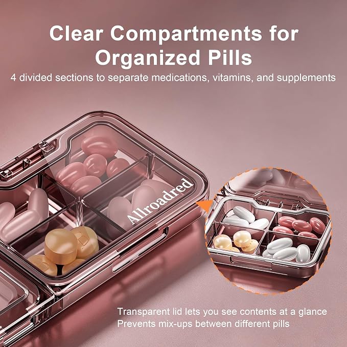 2-in-1 Pill Cutter and Splitter with Pill Organizer, Airtight Moisture-Proof Pill Case, Stainless Steel Blade for Tablets, Vitamins & Supplements, Travel Pill Case (Satin Red)