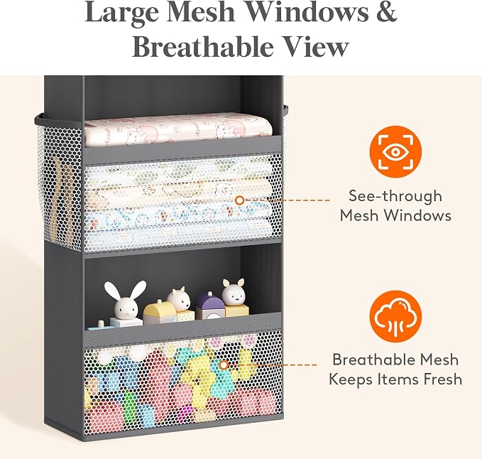 Lifewit 5 Tier Over the Door Organizer, Diaper Hanging Storage, Gray | Nursery Sturdy Large Heavy Duty Back of Door Shelf with 4 Mesh Side Pockets, for Baby Stuff Toy in Pantry, Laundry, Bathroom