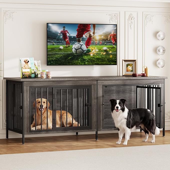 DUMOS 63" Dog Crate Furniture for 2 Dogs with Divider, Gray Wood Grain | Wooden Dog Kennel Furniture, Medium Breed, Center Divider, Double Doors, Heavy Duty Indoor Dog Cage, TV Stand, Side Table