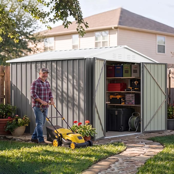 Devoko 8x10 FT Outdoor Storage Shed, Metal Tool Shed with Lockable Door&Slooping Roof, Outside Storage for Garden Backyard Patio(Gray)