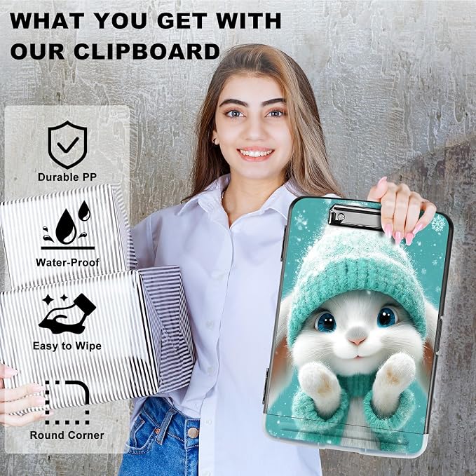 A4 Clipboard with Storage Pen Holder, Clipboards Organizer Nursing Clipboard Foldable File Folder Plastic Clipboard Folio Clip Board for Office Work Classroom Doctor, Green Clothes Rabbit
