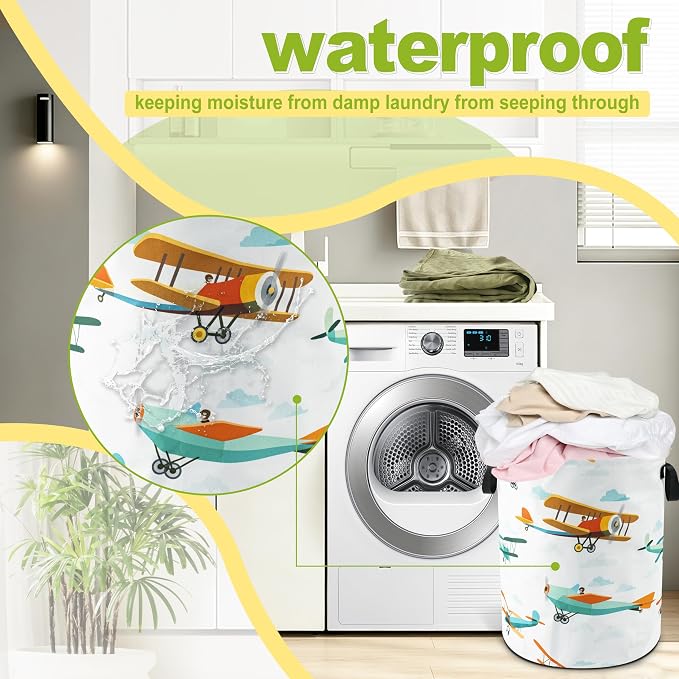 Airplane Cartoon Laundry Basket Foldable Waterproof Hamper 18.9 x 16.5 Inch | Oxford Cloth With Reinforced Handles Lining Design Large-Capacity Storage For Bathrooms/Laundry Rooms/ Living Rooms/Bedrooms