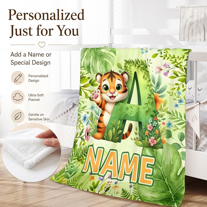 Custom Blanket for Girls Boys with Monogram, Personalized Kids Tiger Throws | Easy Care, Lightweight Throw, Fluffy Flannel Blanket, Soft Touch, Kids Gift