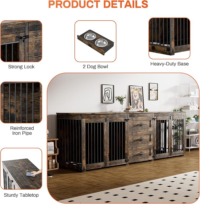 Rophefx 94.5" Dog Crate Furniture for 2 Dogs, Wooden Kennel TV Stand,Brown | Indoor double dog house with 3 storage drawers, 4 feeding bowls, lockable doors, and a wide top for large and medium dogs