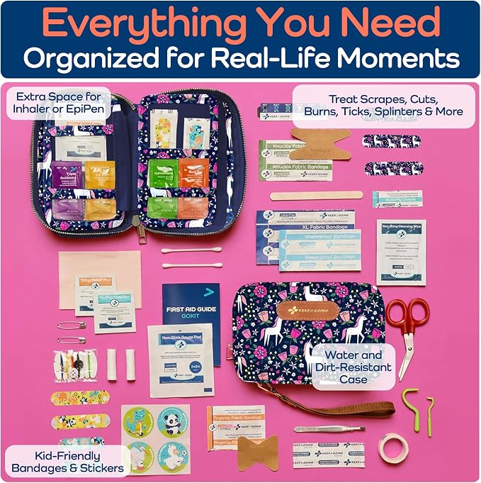 KeepGoing Travel First Aid Kit for Kids, 130 Pc. TSA-Approved Travel Size | Toddler First Aid Kit, Mini First Aid Kit for Car, Home, Purse, Diaper Bag & Backpack, Latex-Free Bandages