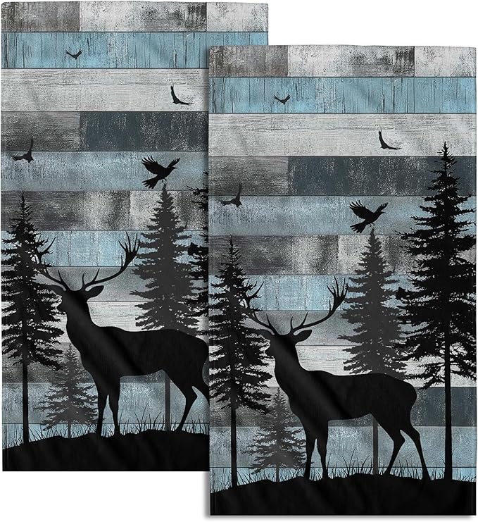 Giwawa Rustic Deer Towel Set of 2 Forest Wildlife Woodland Hand Face Towels with Vintage Blue Wood Board Farmhouse Elk Decorative Soft Microfiber Dish Towel for Bathroom Guest Gym Spa Hotel