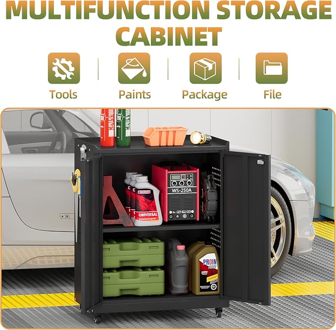 34''H Garage Storage Cabinet, Meatl Storage Cabinet with Lock | Tool Storage Cabinet, Steel Tool Cabinet with 2 Doors and Shelves for Garage, Warehouse, Assembly Required, Black