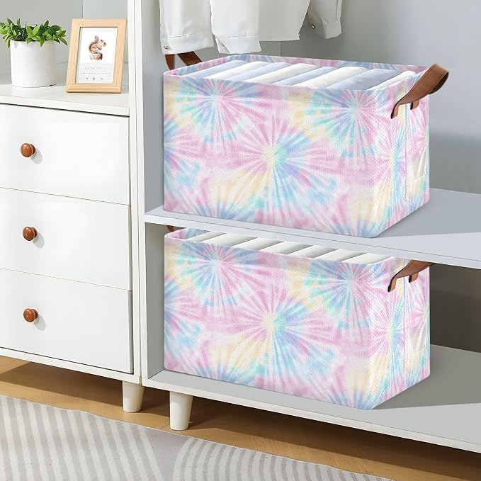 Colorful Tie-dye Rainbow Abstract Storage Basket Foldable Cube Storage Bin with Handles&Label Collapsible Organizer Box Bin Large Rectangle Decorative Basket for Shelve Home Living Room Closet