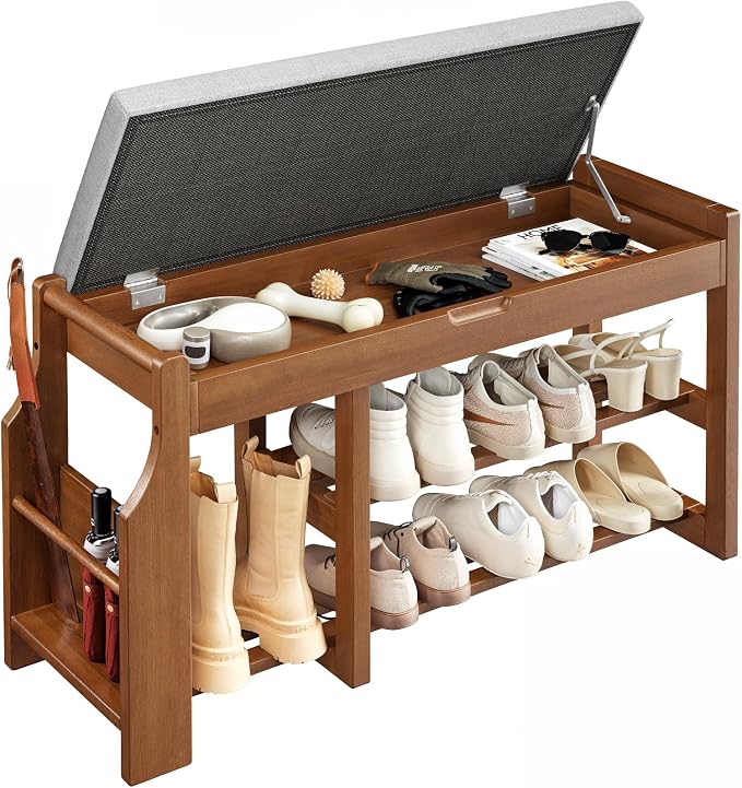 Pipishell 34" Pine Wood Shoe Bench Entryway with Soft Cushion and Storage | Lift-top storage, side holder, 440 lbs weight capacity, sturdy and durable, EPA & CARB-certified, holds 7 pairs, for entryway