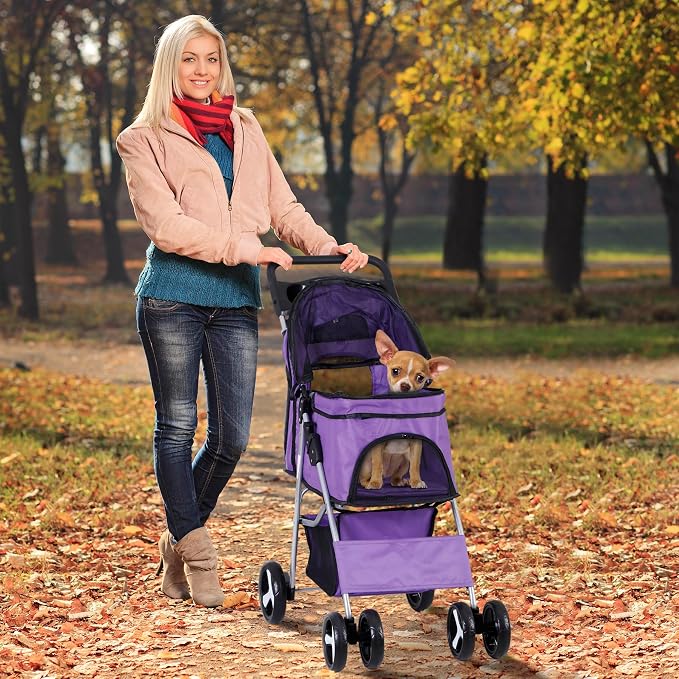 Pet Stroller for Medium Small Dogs - Easy to Walk Folding Travel Carrier Strolling Cart with Cup Holder, Weather Cover and Storage Basket (Purple)