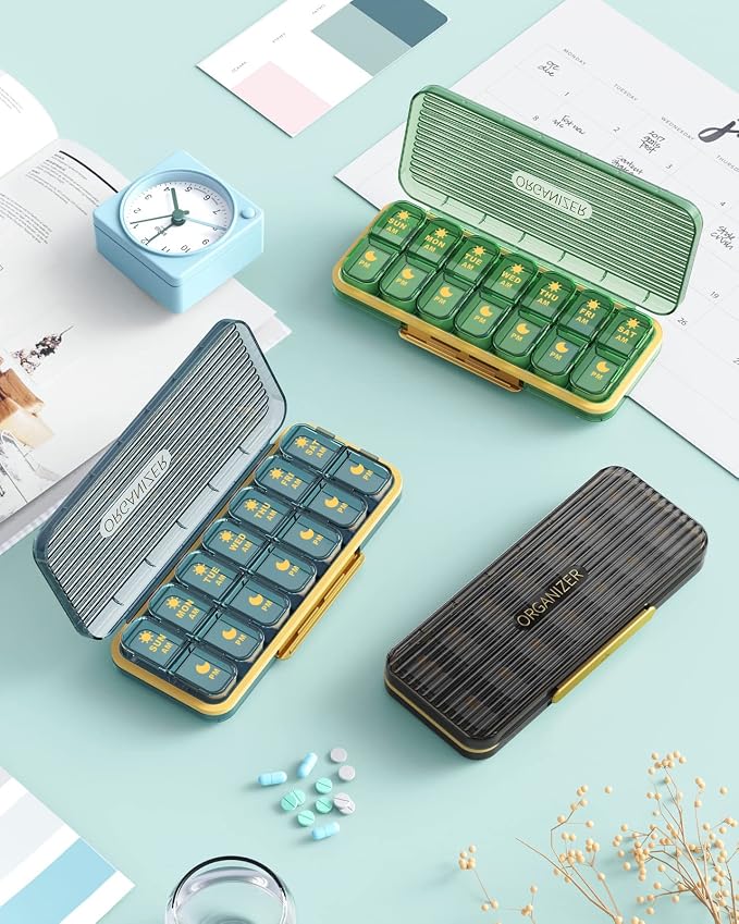 Acedada Am Pm Pill Organizer, Weekly Pill Box 2 Times A Day, Stylish Blue | 7 Day Pill Organizer with 7 Separate Containers, Portable Daily Medicine Dispenser Case for Vitamin, Fish Oils, Supplements