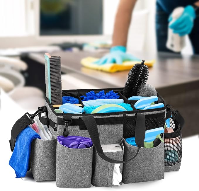LoDrid Wearable Cleaning Caddy Bag with 4 Foldable Dividers, Grey | Cleaning Supply Organizer with Shoulder Strap and Side Handles for Cleaners & Housekeepers