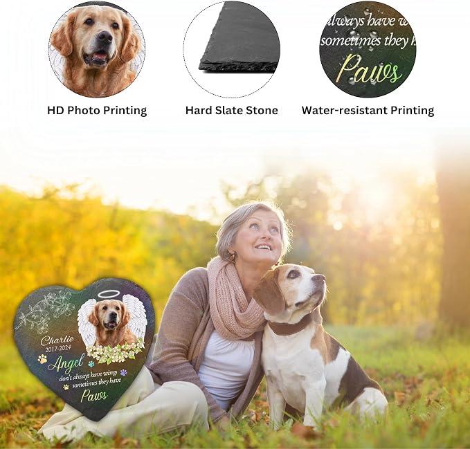 Wrappiness Pet Memorial Stone - Angels Sometimes Have Paws, Personalized Dog Memorial Gifts, Remembrance Condolences Bereavement Gifts for Loss of Pet Custom Photo (Heart 07, Stone with Stand)