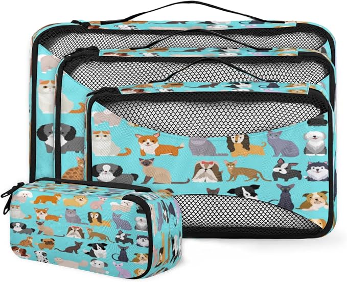 Cute Cat Dog Packing Cubes for Travel, Luggage Packing Organizers, Set Funny Puppy Kitten Travel Accessories Large Toiletries Bag for Clothes Shoes Cosmetics Toiletries