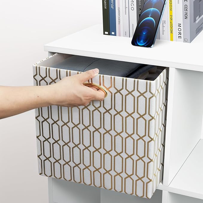13x13x13 Storage Cube Bins, Collapsible Storage Bins Fabric Storage Cubes Organizer Baskets Box Drawers for Shelves, Closet, Wardrobe, Bookshelf, Cabinet, 4 Pack, White/Shiny Gold, AG4000202