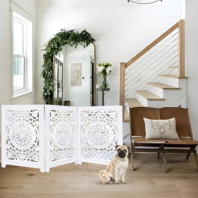 Lightnpro 3-Panel Wooden Dog Gate – Adjustable Freestanding Foldable Pet Safety Barrier, Extra-Wide Indoor Fence for Small Dogs & Pets – 24x54 Inch Antique White