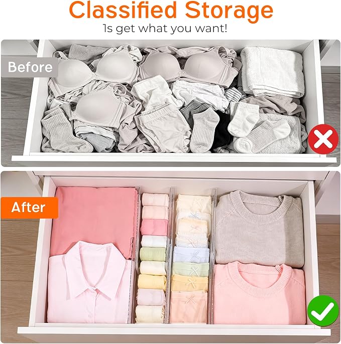 4 Pack 4" High Drawer Dividers for Clothes, 10.2"-16.5" Expandable | Dresser Drawer Organizers, Adjustable Plastic Clear Drawer Separators for Kitchen, Baby Clothing, Socks & Underwear Storage