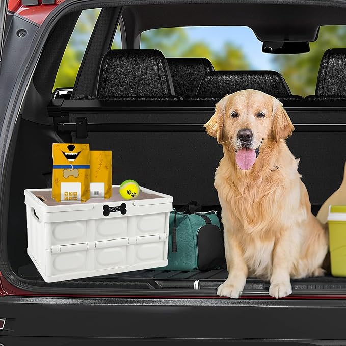 Collapsible Dog Toy Basket with Handles, Portable Dog Stuff Organizer, Outdoor Storage Box with Table Function, Ideal for Car Trunk, RV Trip, Picnic