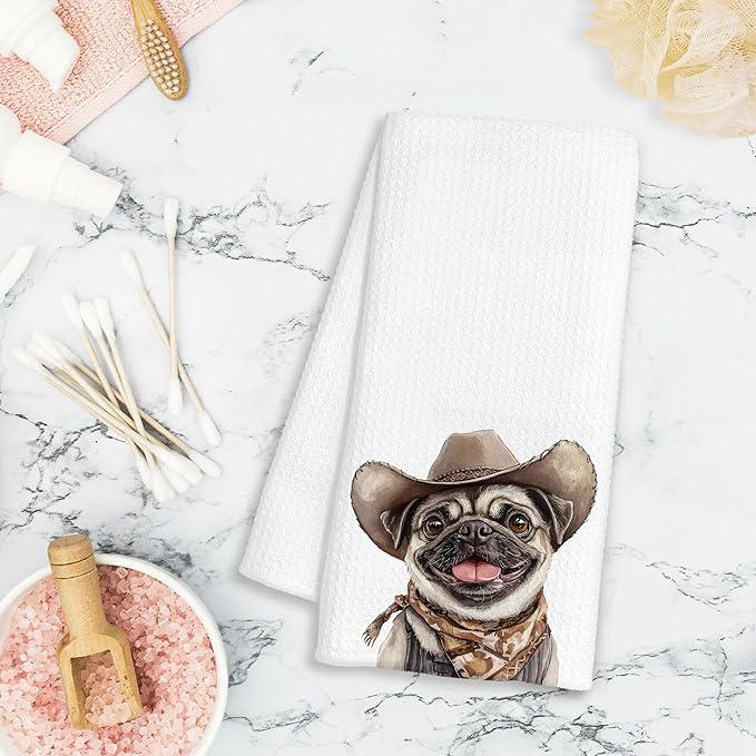 Western Cowboy Pug Dog Gifts Kitchen Towels Decorative - Gifts for Pug Lovers Dish Tea Towels for Kitchen Drying, Dog Mom Dad Gifts Hand Towels for Bathroom Decor, 16x24 Inch