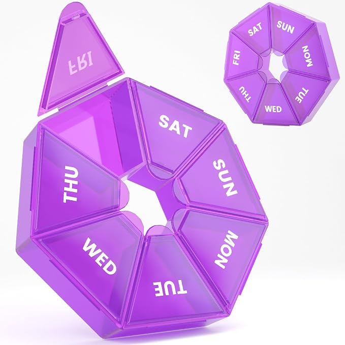 Weekly Pill Organizer, 2 Pack Portable Travel Pill Box, 7 Day Pill Case | Easy Open, BPA-Free, Arthritis Friendly Medicine Pill Container, Medicine Case for Vitamins,Supplements Medications, Purple