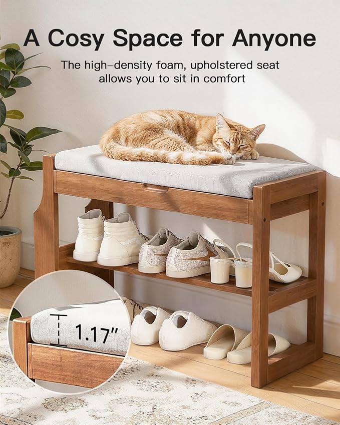 Pipishell 26" Pine Wood Shoe Bench Entryway with Soft Cushion and Storage | Lift-top storage, side holder, 440 lbs weight capacity, sturdy and durable, EPA & CARB-certified, holds 6 pairs, for entryway